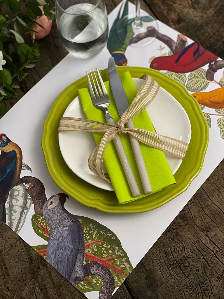 White Placemat · Parrots
