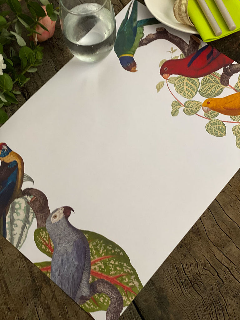 White Placemat · Parrots