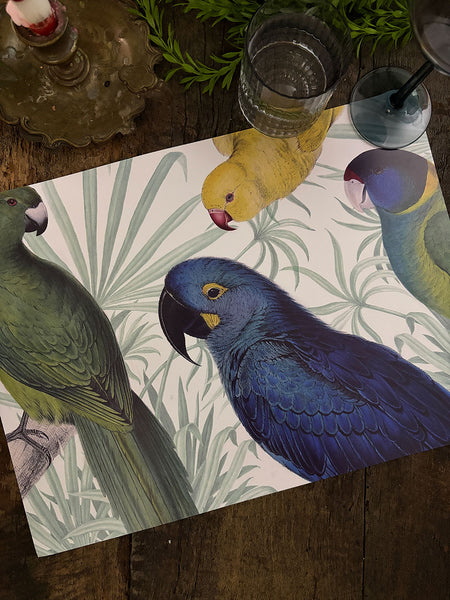 White Placemat · Parrots