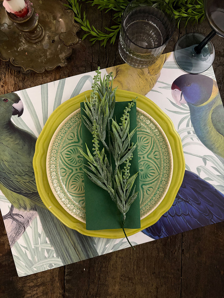 White Placemat · Parrots