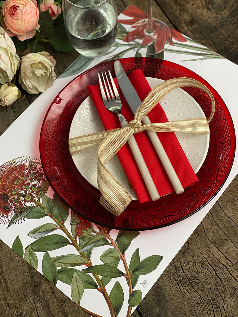 White Placemat · Red Flowers